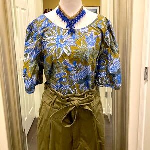Talbots 100% cotton blouse floral tie back Sz 1X olive green royal blue
